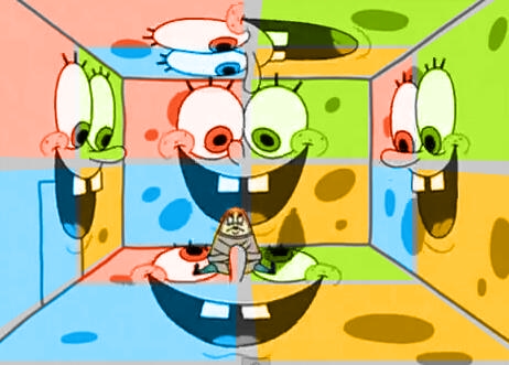 Mrs. Puff in a straitjacket, sitting on the floor in a padded cell where the walls are made of SpongeBob faces painted like the Microsoft logo