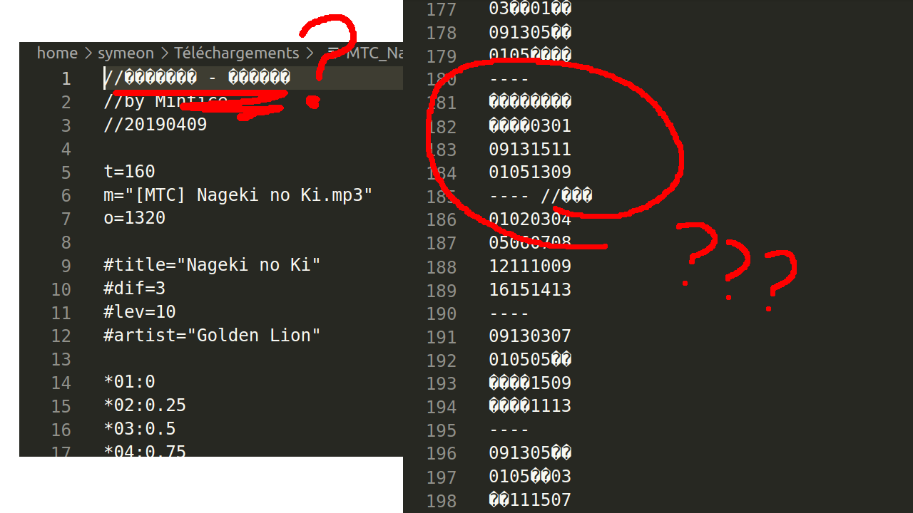 screenshots highlighting an encoding problem